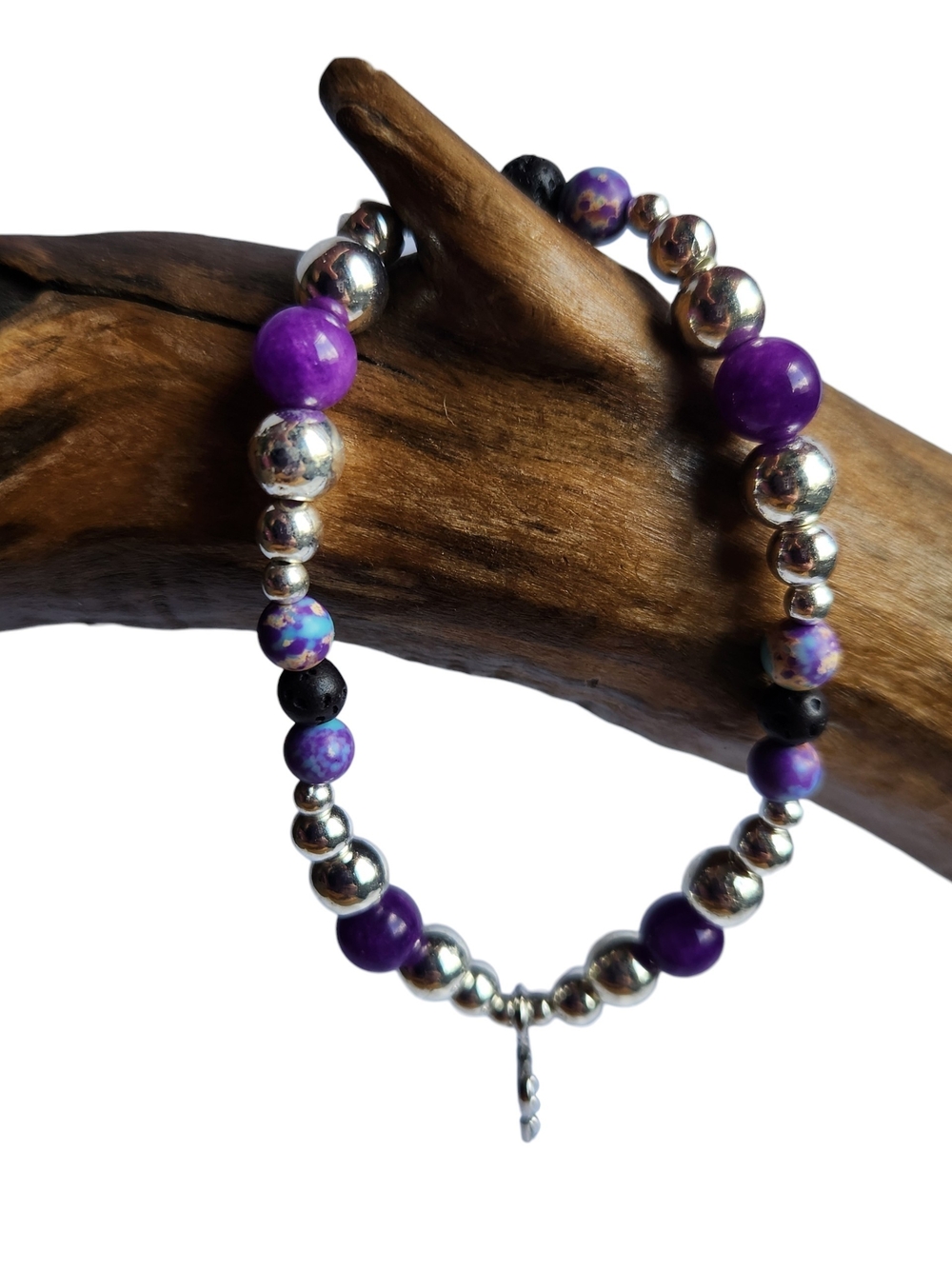 Purple Blue Jasper & Lava Rock Beaded Stretch Bracelet With Crown Charm